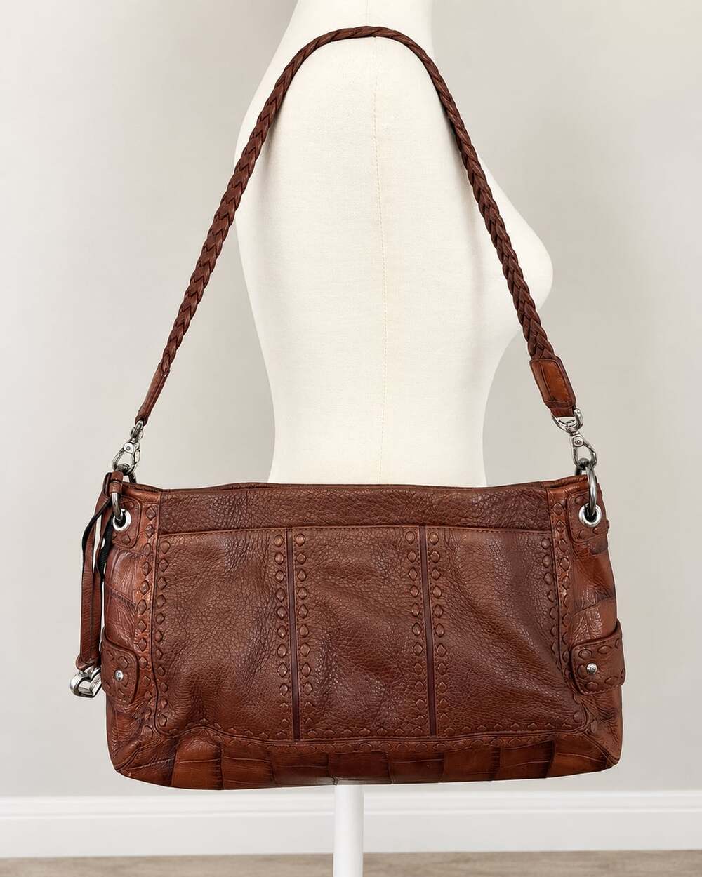 Brighton Brown Leather Crocodile Embossed Pebbled Braided Strap Shoulder Bag Pur
